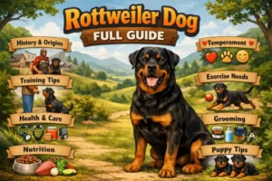 Adult Rottweiler with muscular build and black and tan coat standing confidently outdoors