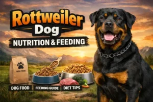 Adult Rottweiler eating a meal, showing broad chest and powerful build