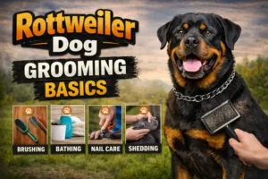 Rottweiler being brushed, highlighting short coat and strong body structure