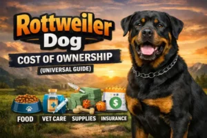 Rottweiler resting at home with food bowls and gear, representing long-term care and expenses