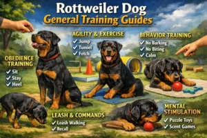 Rottweiler practicing obedience training with handler, showing focus and protective temperament
