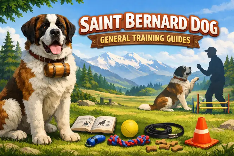 Adult Saint Bernard practicing obedience commands during training