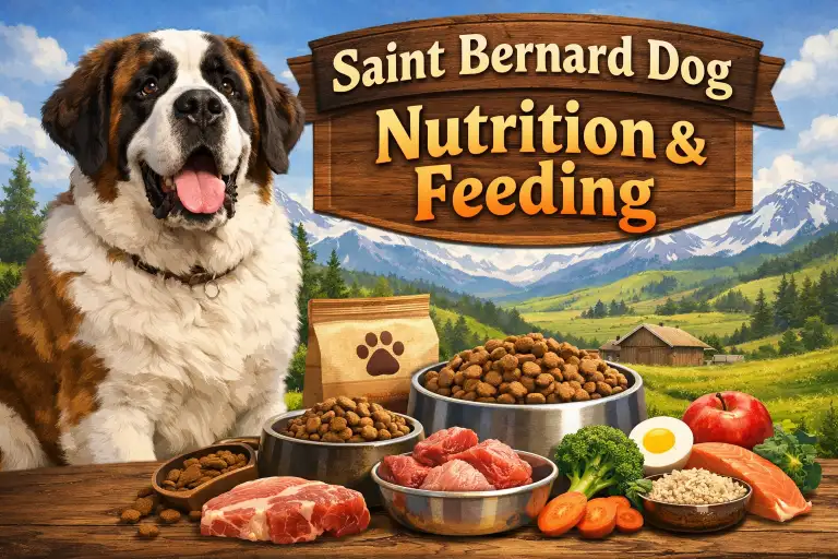 Saint Bernard dog eating a balanced meal from a bowl