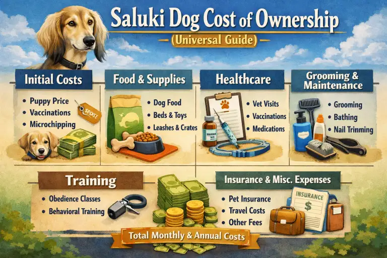 Adult Saluki dog standing alert outdoors, showing slender build, long legs, and smooth coat