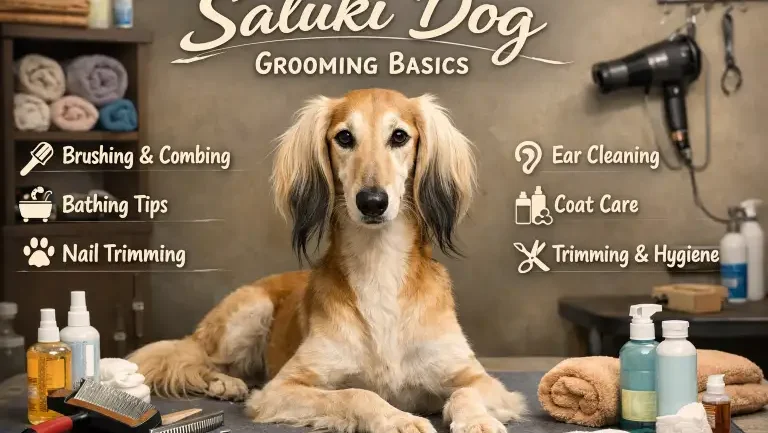 Adult Saluki dog being gently brushed at home, showing smooth coat and feathered ears
