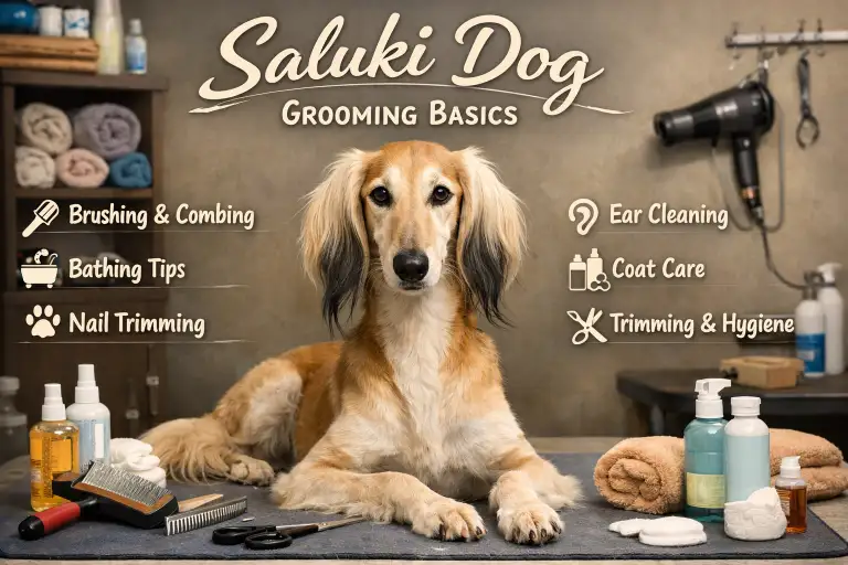 Adult Saluki dog being gently brushed at home, showing smooth coat and feathered ears