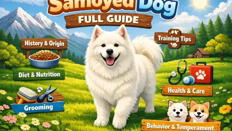 Adult Samoyed dog with fluffy white coat and signature smiling expression standing outdoors