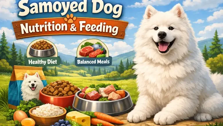Samoyed dog eating a portion-controlled meal formulated for active medium-large breeds