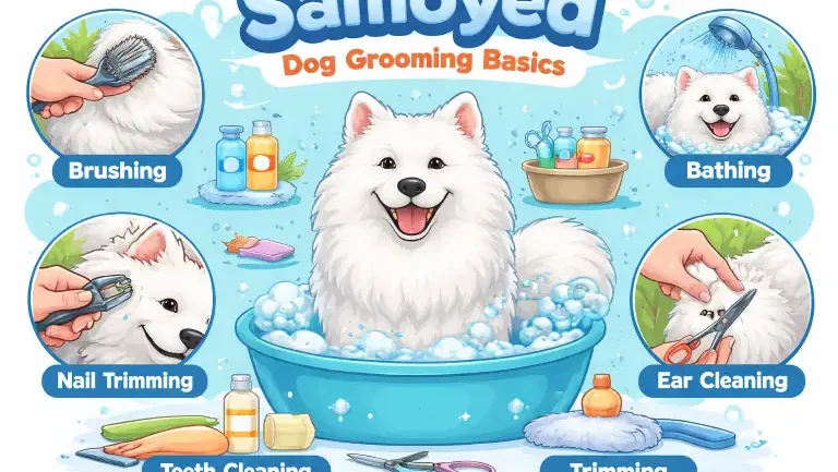 Samoyed being brushed to manage shedding and maintain its dense white double coat