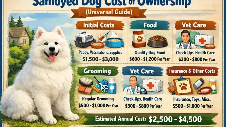 Samoyed dog resting indoors with visible grooming tools, food, and pet accessories nearby