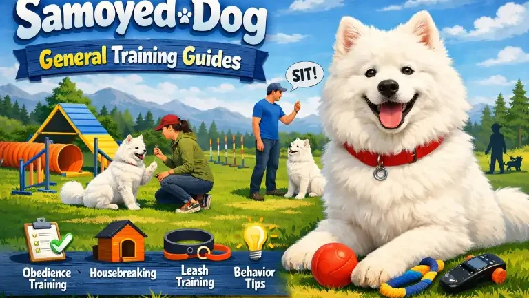 Samoyed dog practicing obedience training with an owner in an open grassy area