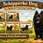 Schipperke training guide showing a smart black Schipperke practicing obedience, recall, barking control, and mental stimulation exercises