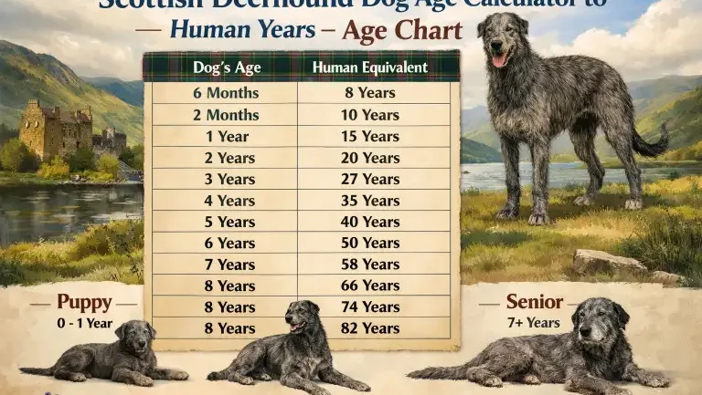 Adult Scottish Deerhound sitting peacefully, representing age progression and large-breed lifespan