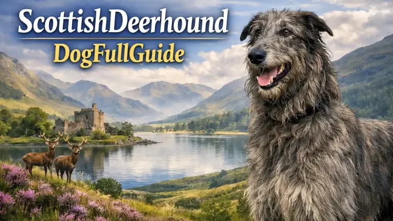 Scottish Deerhound standing outdoors, showing its tall frame, rough wiry coat, and noble sighthound build