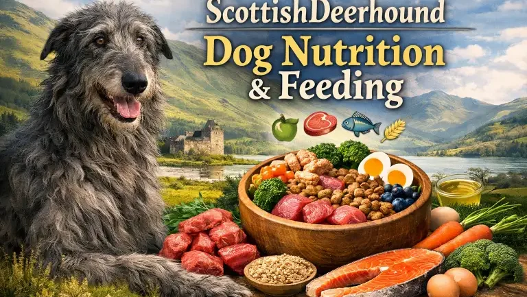 Scottish Deerhound dog eating from a large bowl, reflecting the dietary needs of a giant breed