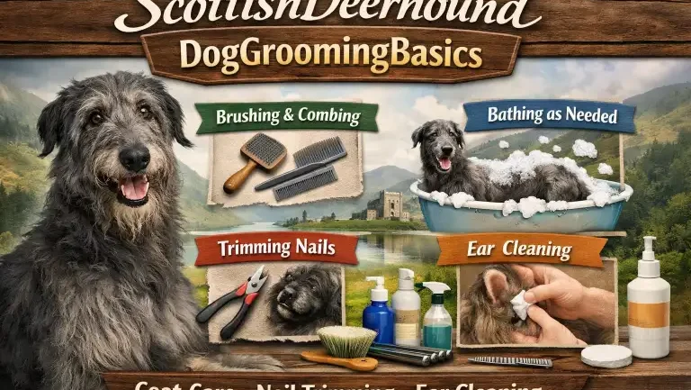 Scottish Deerhound dog being brushed, showing its rough coat texture and grooming needs