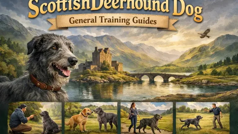 Scottish Deerhound dog walking calmly with its owner, demonstrating gentle temperament and leash training