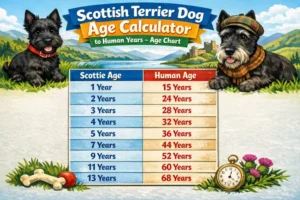 Accurate Scottish Terrier dog age calculator to human years with a simple age chart for.