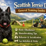 Scottish Terrier training methods guide showing obedience, house training, leash manners, recall, and behavior tips for Scottie owners