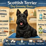 Scottish Terrier grooming tips showing coat care, brushing, trimming, bathing, and mat prevention for a healthy Scottie coat