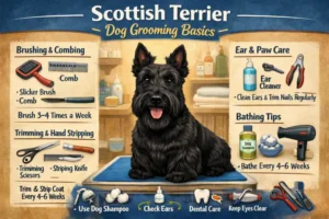 Scottish Terrier dog grooming basics covering coat maintenance, trimming, and routine care in.