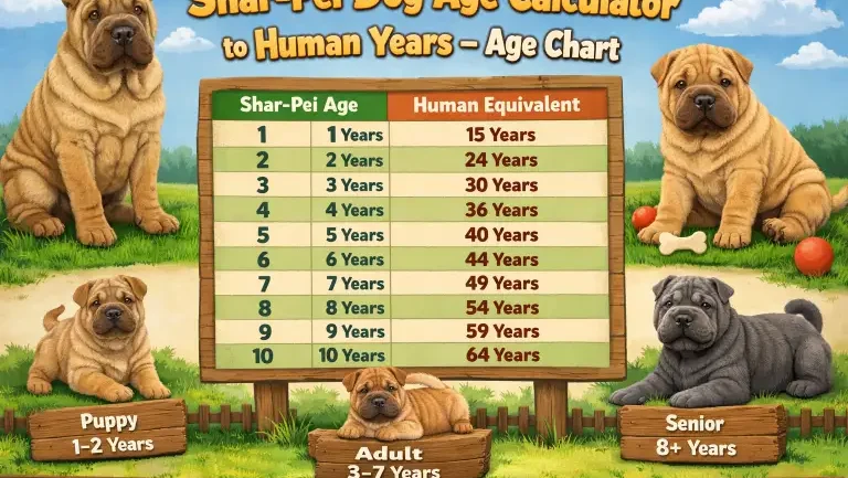Shar-Pei dog at different life stages from puppy to senior, illustrating age progression for dog-to-human year comparison