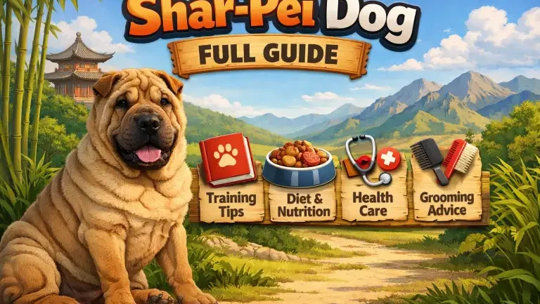 Adult Shar-Pei dog with deep facial wrinkles and a short bristly coat standing alert, showing the breed’s compact build and calm expression
