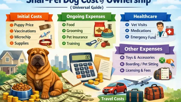 Shar-Pei dog at home with food, grooming tools, and veterinary items nearby, representing ongoing cost of ownership