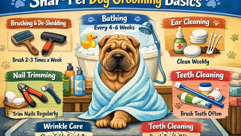 Shar-Pei dog with a short coat being gently brushed, highlighting skin folds, coat texture, and basic grooming care