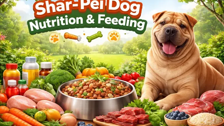 Shar-Pei dog eating balanced dog food from a bowl, showing proper portion size and healthy feeding routine