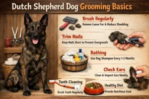 Dutch Shepherd dog being brushed, highlighting short brindle coat and routine grooming care