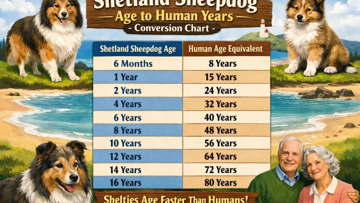 Shetland Sheepdog age to human years chart showing Sheltie age conversion by life stage.