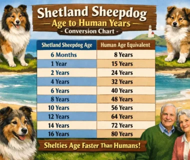 Shetland Sheepdog age to human years chart showing Sheltie age conversion by life stage.