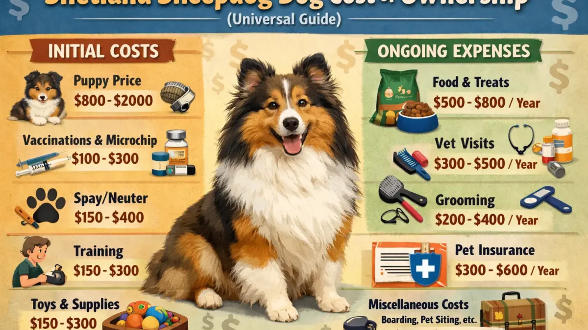 A Shetland Sheepdog with a thick double coat and bright eyes, representing the breed's characteristics and grooming needs.