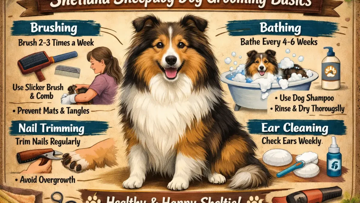 A Shetland Sheepdog being brushed, showcasing its beautiful double coat and grooming process.