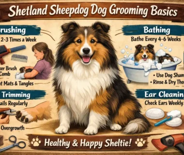 A Shetland Sheepdog being brushed, showcasing its beautiful double coat and grooming process.
