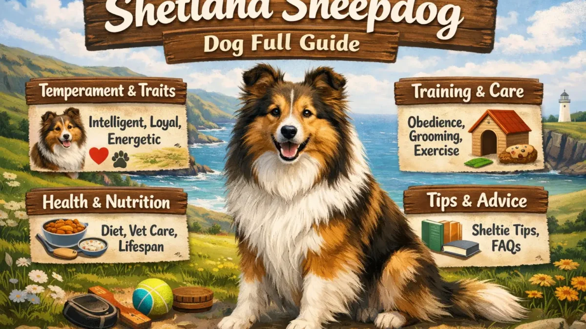 A Shetland Sheepdog with a thick double coat, standing in a grassy field, displaying its alert and friendly personality.