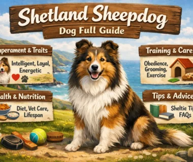 A Shetland Sheepdog with a thick double coat, standing in a grassy field, displaying its alert and friendly personality.