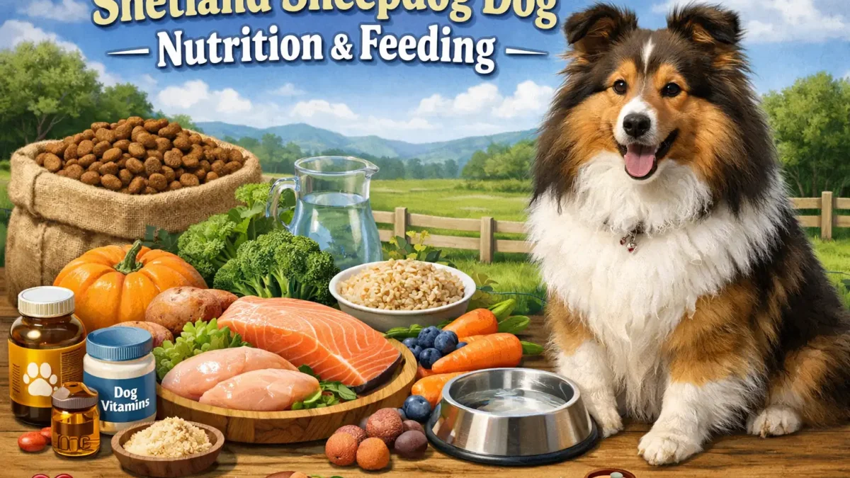 Shetland Sheepdog eating healthy food, representing proper nutrition and diet for a happy, healthy Sheltie.