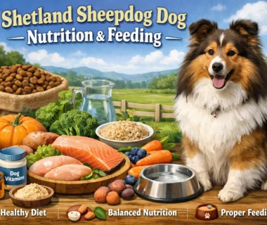 Shetland Sheepdog eating healthy food, representing proper nutrition and diet for a happy, healthy Sheltie.
