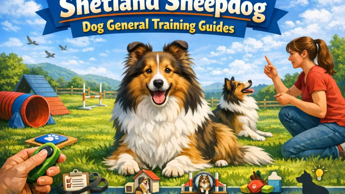 Shetland Sheepdog training session with a focused dog sitting on command.