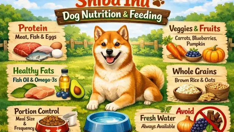 Shiba Inu dog eating from a bowl indoors, representing balanced nutrition for a small, active spitz breed