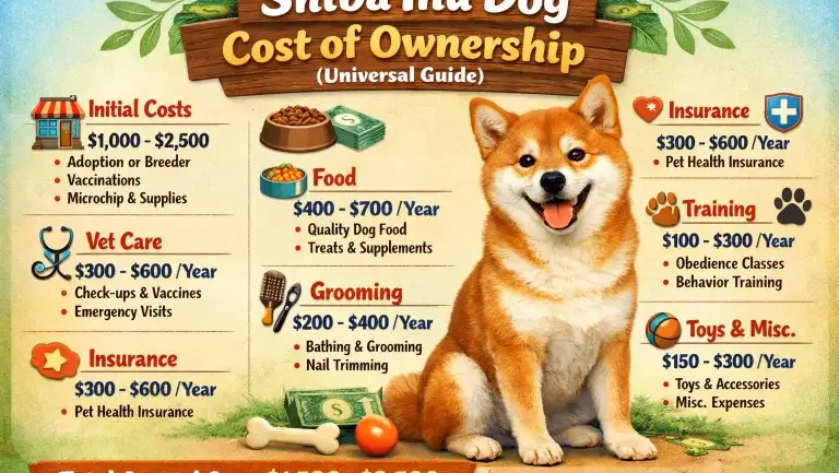 Shiba Inu dog relaxing at home with toys and feeding bowls nearby, symbolizing everyday care and ownership expenses