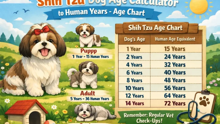 Shih Tzu age calculator showing dog years converted to human years with a small breed age chart