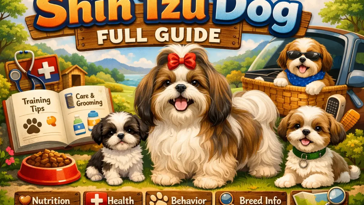 Shih Tzu dog with long double coat and flat face sitting calmly indoors