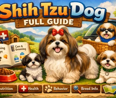 Shih Tzu dog with long double coat and flat face sitting calmly indoors