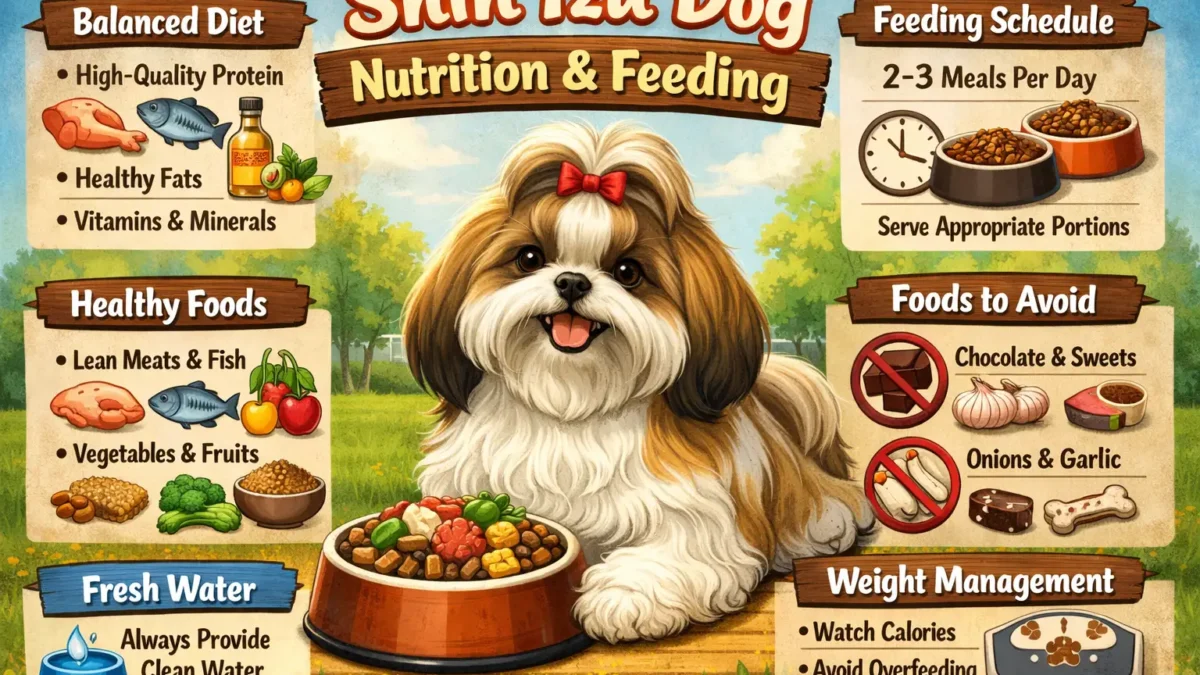 Shih Tzu dog nutrition illustrated with a small Shih Tzu eating a balanced meal from a bowl