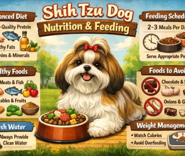 Shih Tzu dog nutrition illustrated with a small Shih Tzu eating a balanced meal from a bowl