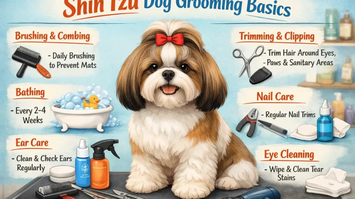 Shih Tzu grooming with a small long-haired Shih Tzu being brushed at home to prevent matting and keep the coat clean