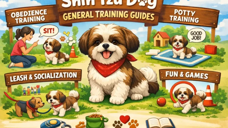 Shih Tzu training example showing a small long-haired Shih Tzu learning basic obedience at home